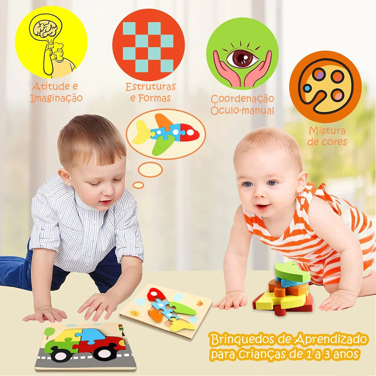 Quebra-cabeças de Madeira com 6 Formas Brinquedos Montessori Blocos Educativos Brinquedo de Aprendizagem para Bebês