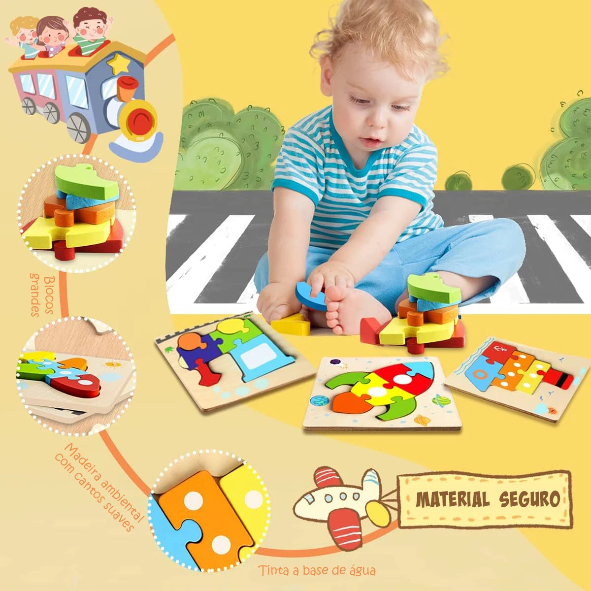 Quebra-cabeças de Madeira com 6 Formas Brinquedos Montessori Blocos Educativos Brinquedo de Aprendizagem para Bebês
