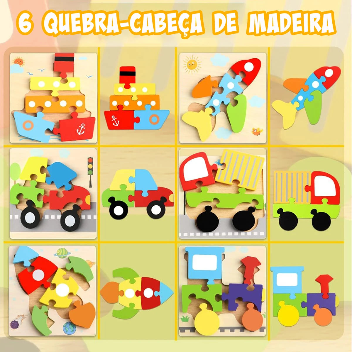 Quebra-cabeças de Madeira com 6 Formas Brinquedos Montessori Blocos Educativos Brinquedo de Aprendizagem para Bebês